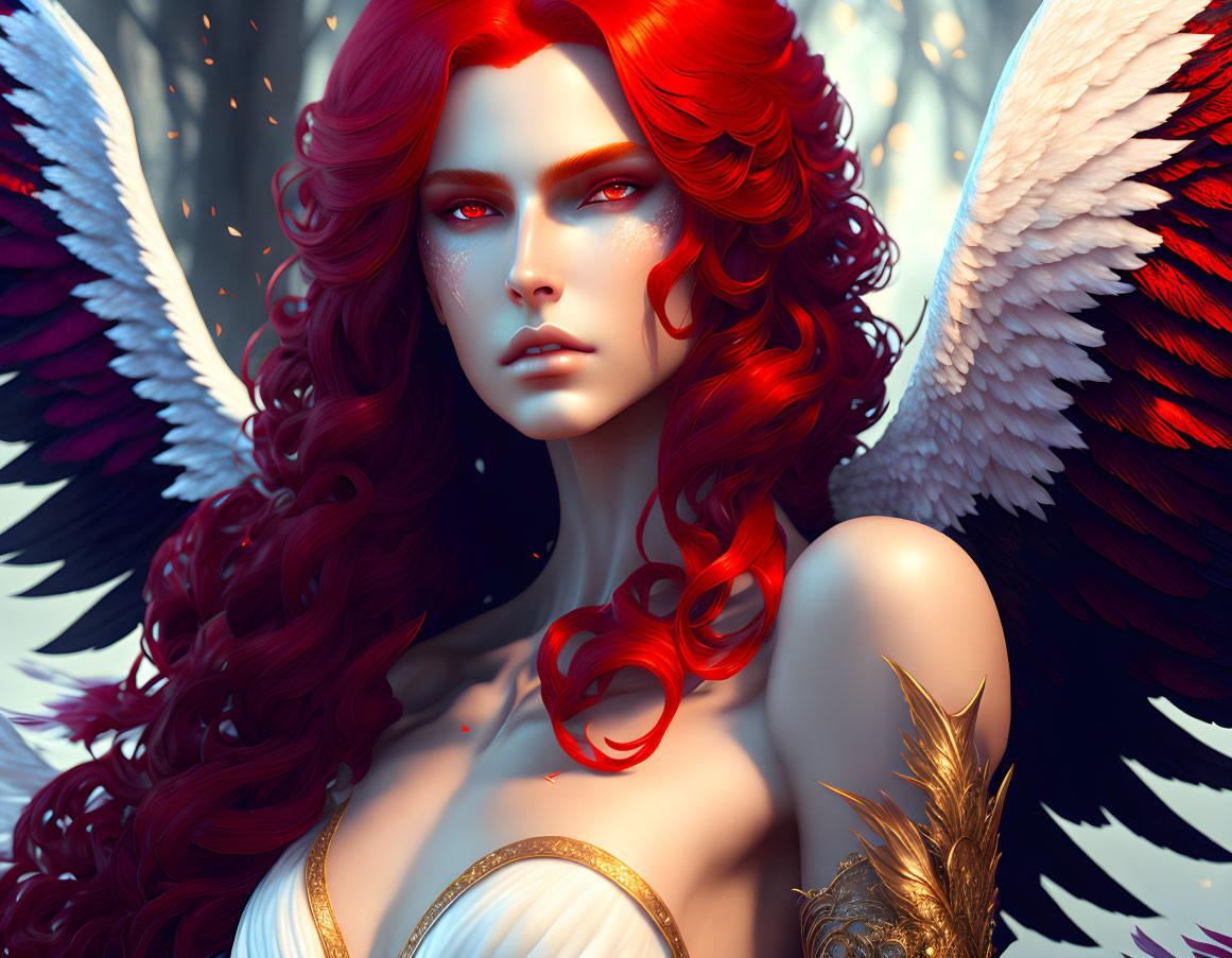 Digital Artwork: Woman with Red Hair, Blue Eyes, White & Red Wings