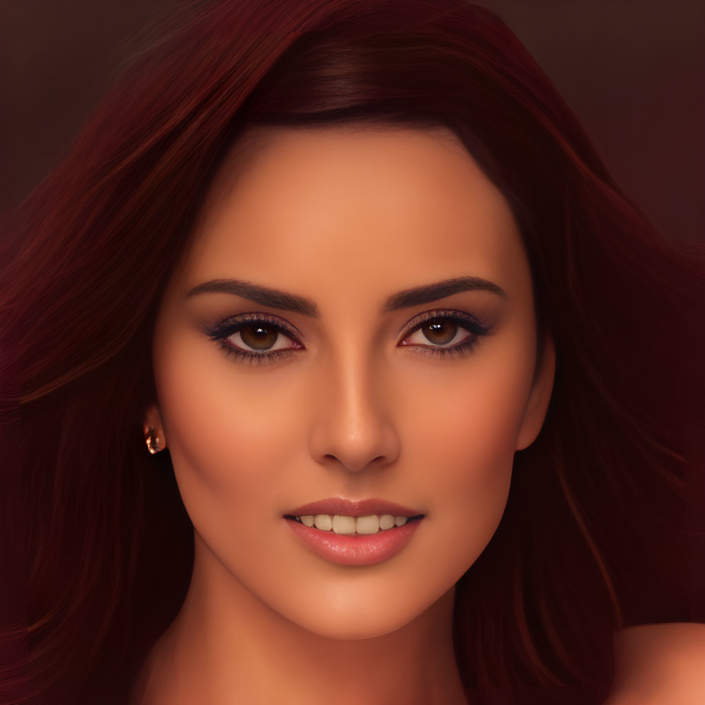 Brown-haired woman portrait with clear skin and brown eyes on brown background