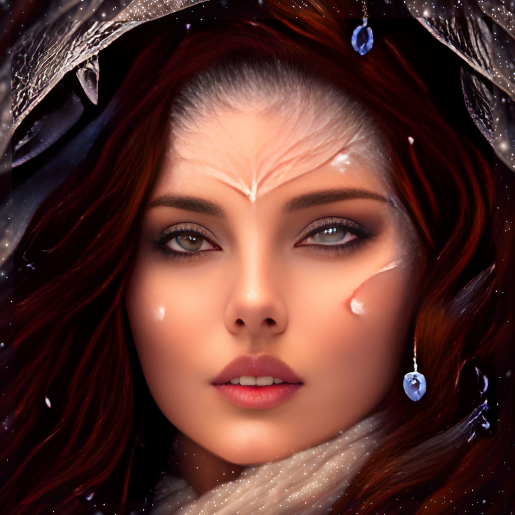 Portrait of Woman with Red Hair, Green Eyes, White Forehead Marking, and Silver Accessories