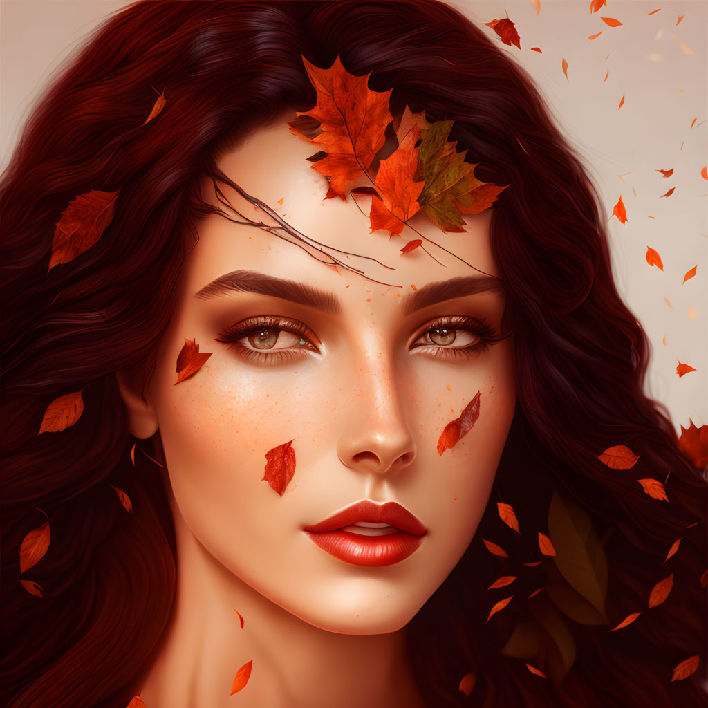 Digital portrait of woman with red hair, green eyes, and autumn leaves swirling around her