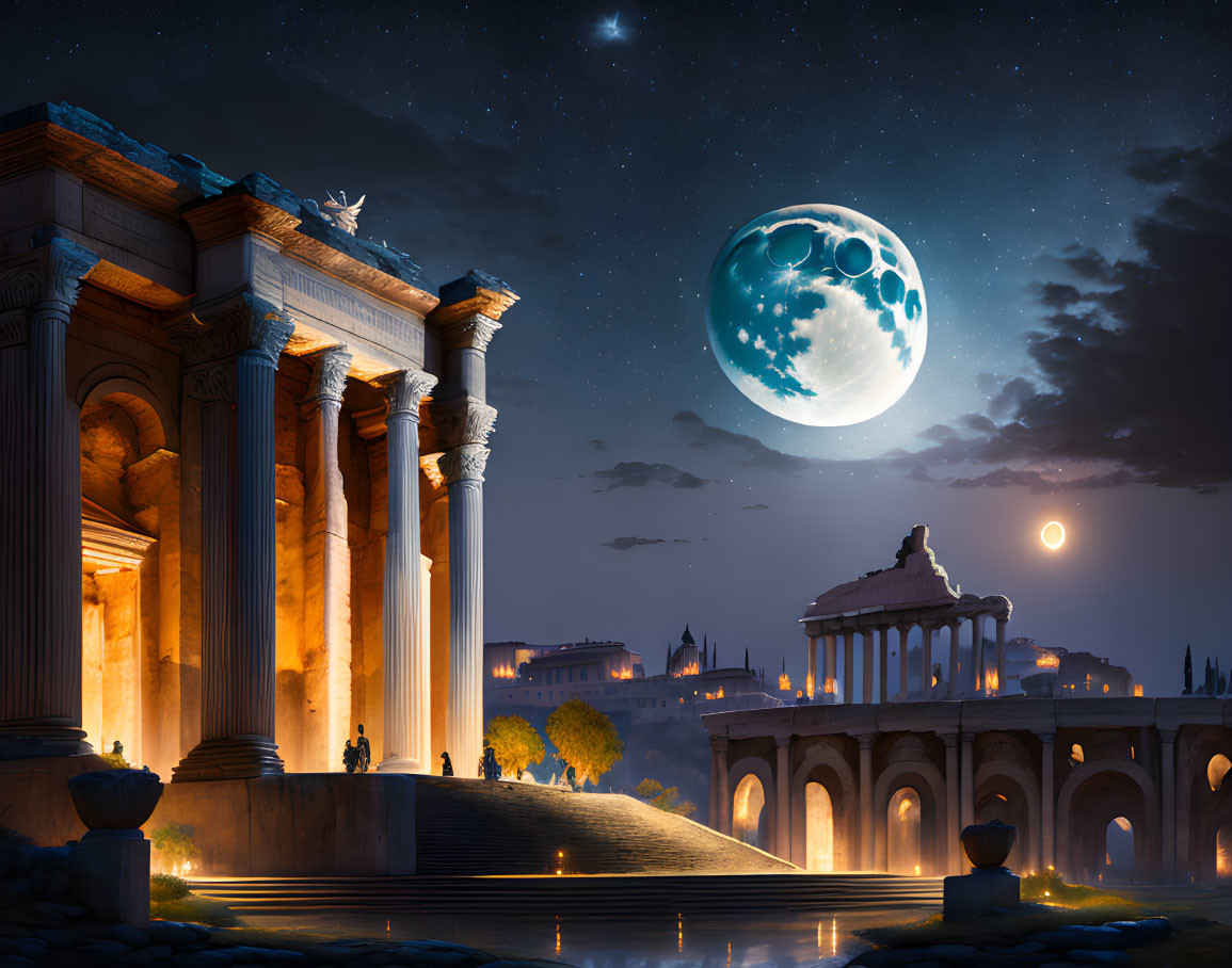 Surreal night scene: Ancient Roman architecture, vivid moon, stars, reflective water