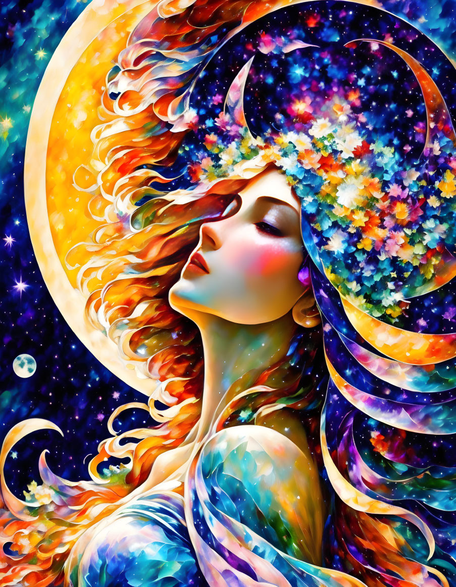 Colorful Woman with Floral Hair in Cosmic Setting
