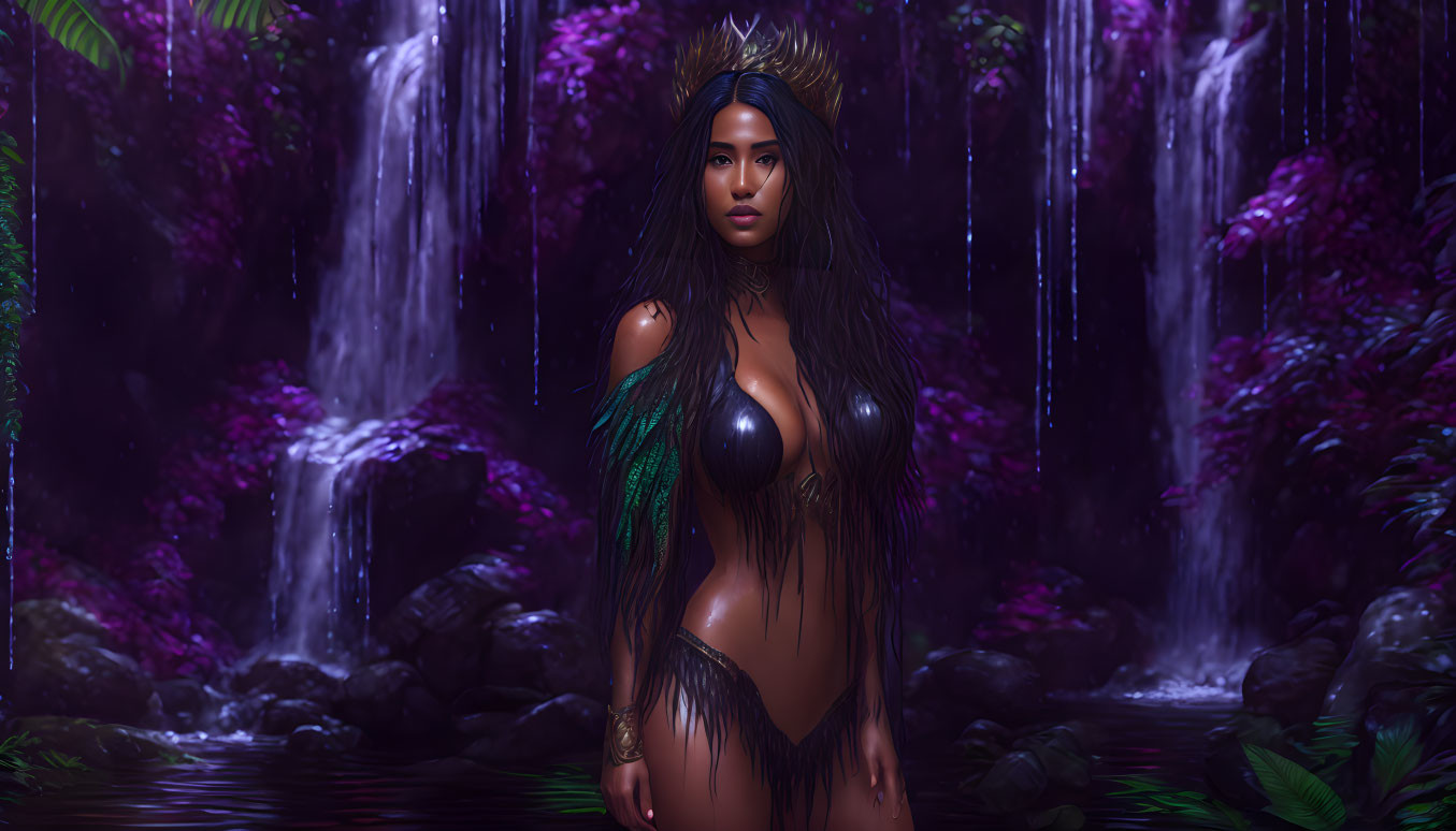Fantasy woman with long hair by cascading waterfalls and purple flora