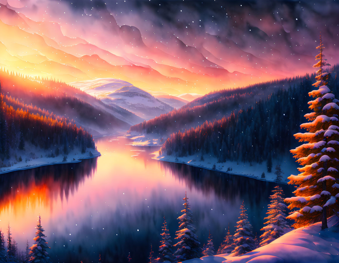 Snow-covered trees, calm lake, sunset glow, and starry mountains in serene winter scene