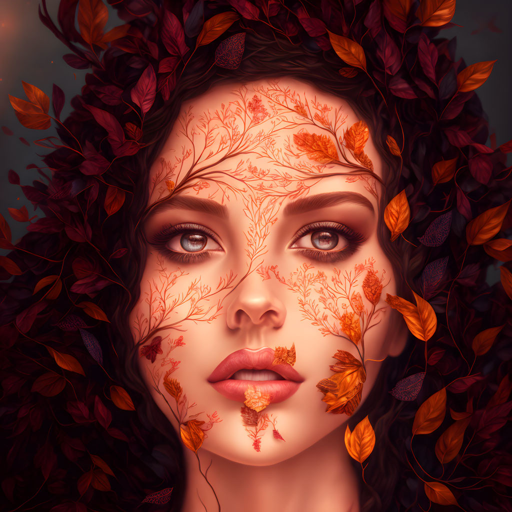 Digital Artwork: Woman's Face with Autumn Leaves and Branches