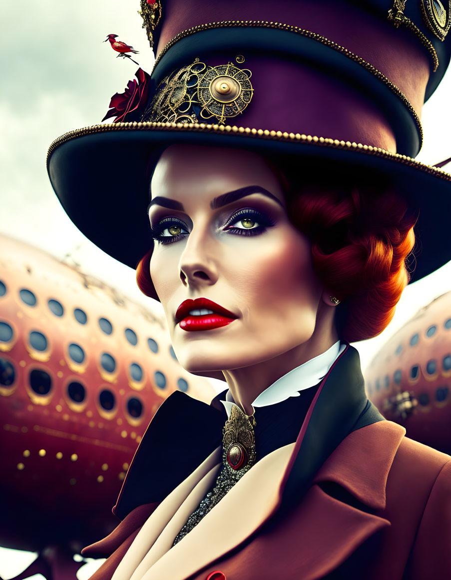 Red-haired woman in vintage waves and steampunk attire with top hat and gears.