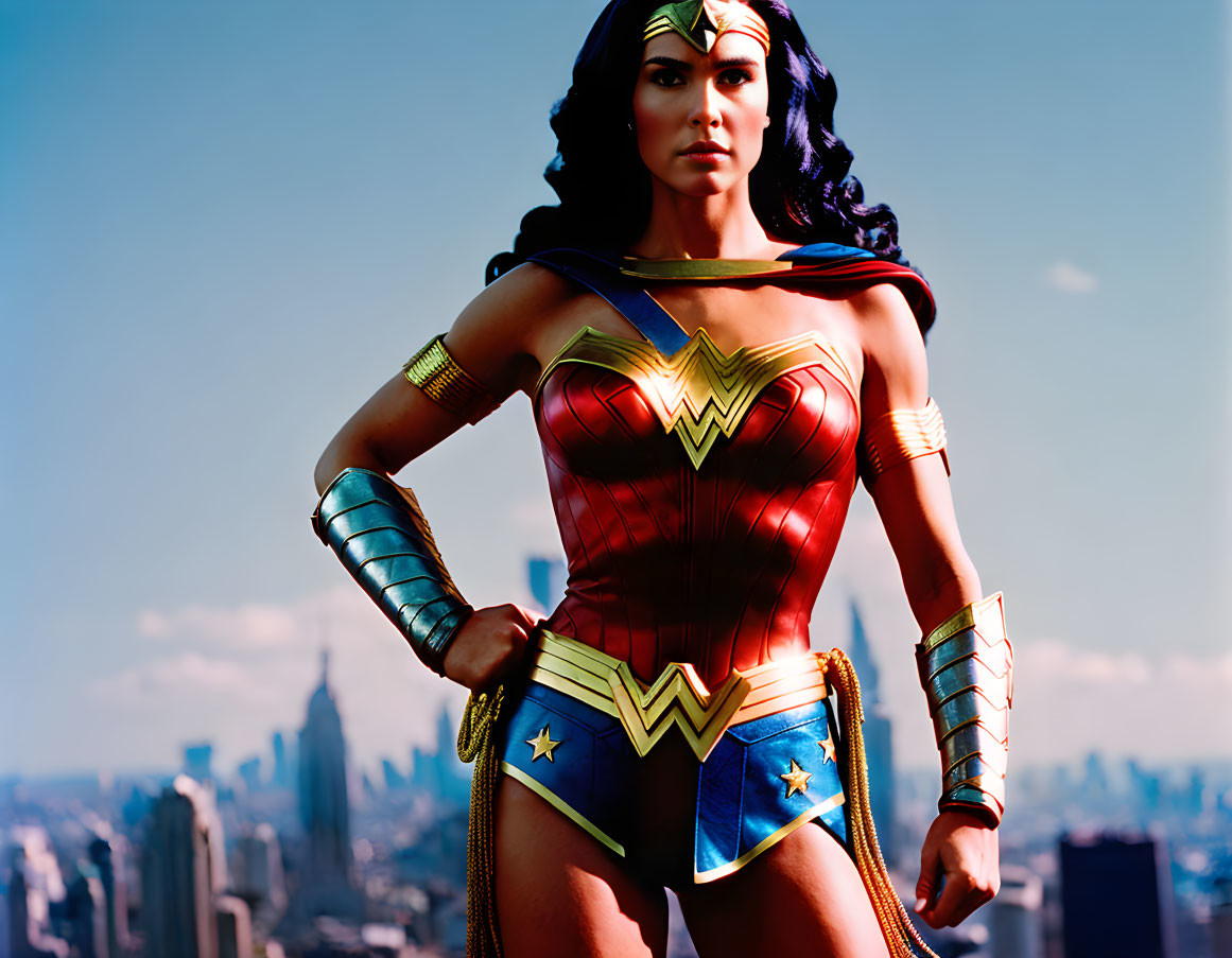 Confident individual in Wonder Woman costume against city skyline