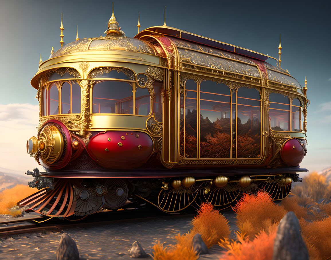 Vintage-style ornate train with golden embellishments in fantasy autumn landscape