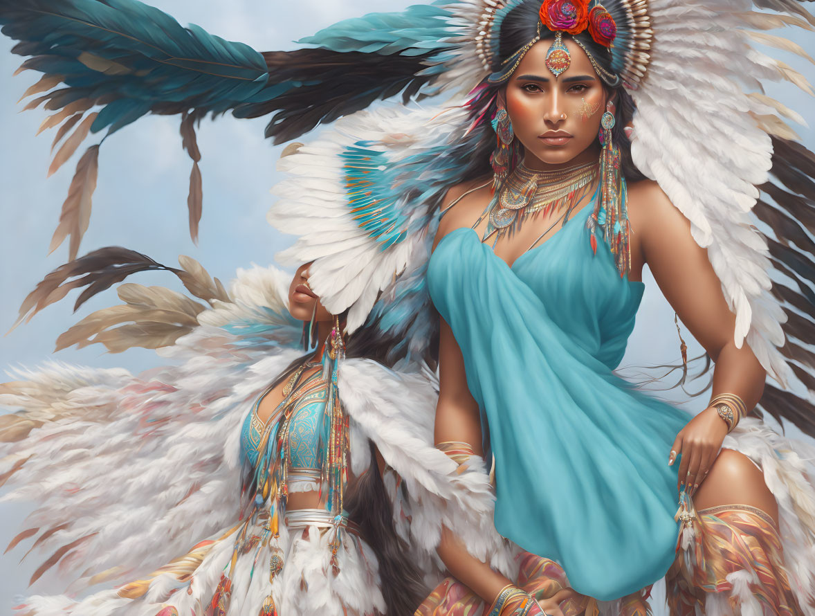 Illustration of woman in Native American regalia with feathered headdress and turquoise dress.