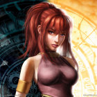 Illustration of red-haired female superhero and male figure in futuristic uniform in cosmic setting