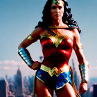 Confident individual in Wonder Woman costume against city skyline