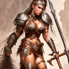 Fantasy warrior woman in armor with spear against mountain backdrop