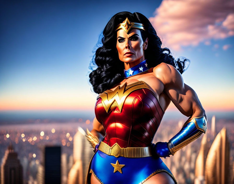 Iconic Wonder Woman costume in heroic cityscape at sunset