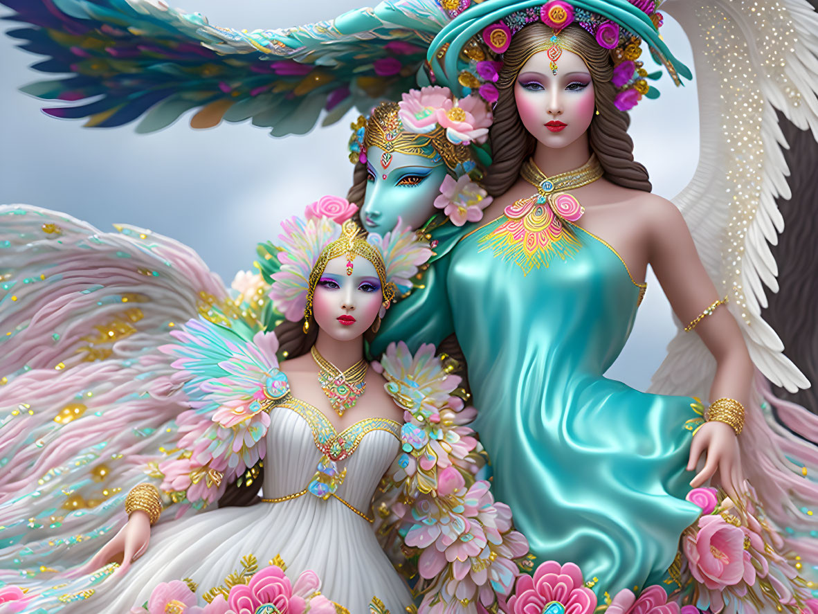 Digital Art: Two Ethereal Women and Male Figure with Floral Crowns and Peacock Feather Crown