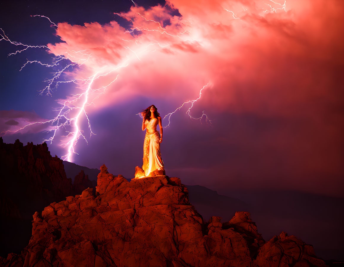 Woman in flowing dress on rocky outcrop under dramatic sky with vibrant lightning