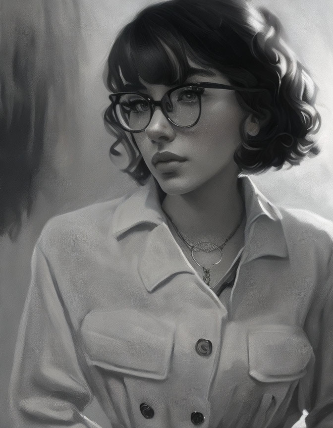 Monochrome portrait of a woman with glasses and curly bob haircut.