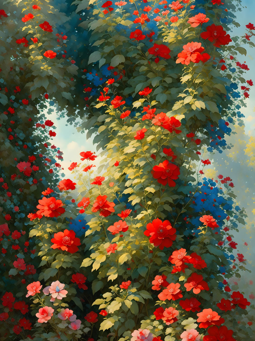 Lush green leaves and red roses under sunlight in a vibrant image