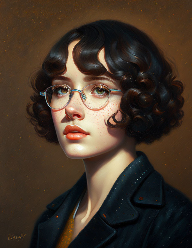Portrait of Young Woman with Curly Bob Hair and Glasses on Brown Background