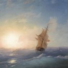 Tall ship sailing through dramatic waves and cloudy sky