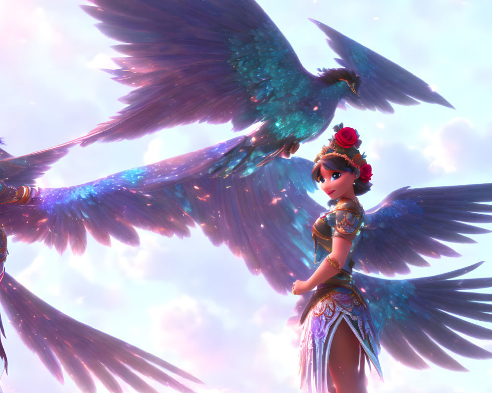 Blue-winged animated female character against pink clouds