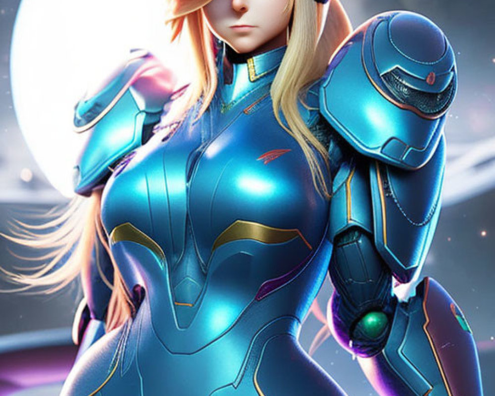 Blonde armored female character in futuristic suit with confident pose against space background