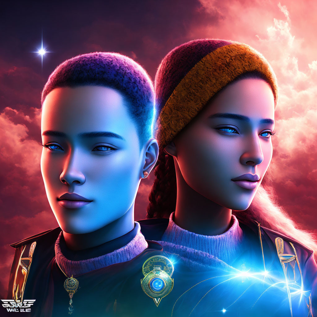 Stylized individuals with glowing skin in futuristic attire against cosmic backdrop