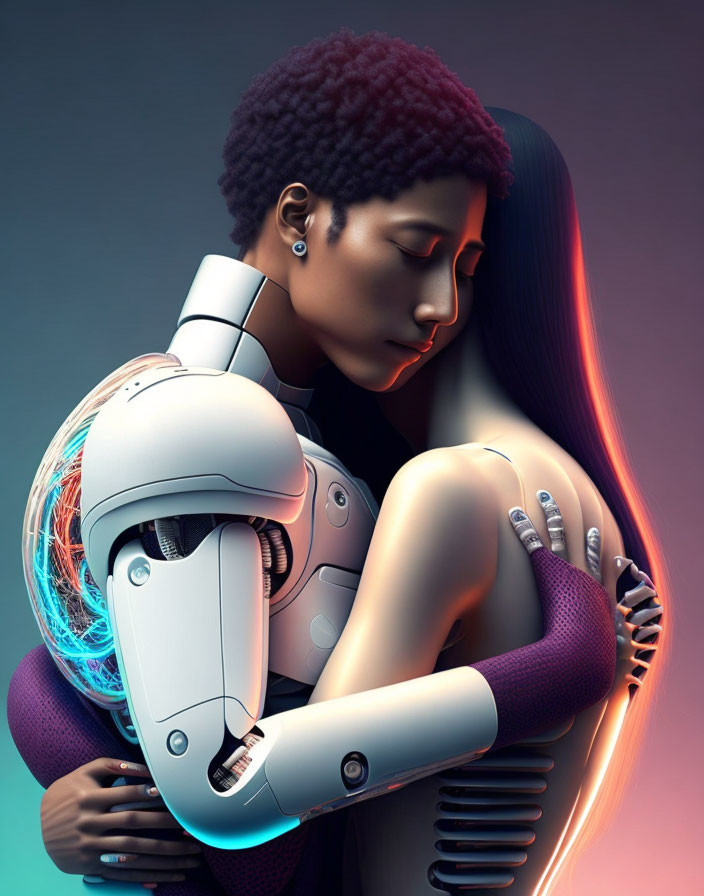 Short-haired woman embraces humanoid robot on gradient background