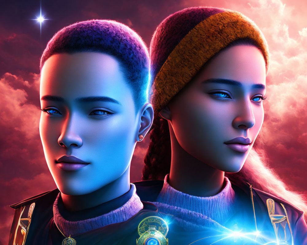 Stylized individuals with glowing skin in futuristic attire against cosmic backdrop