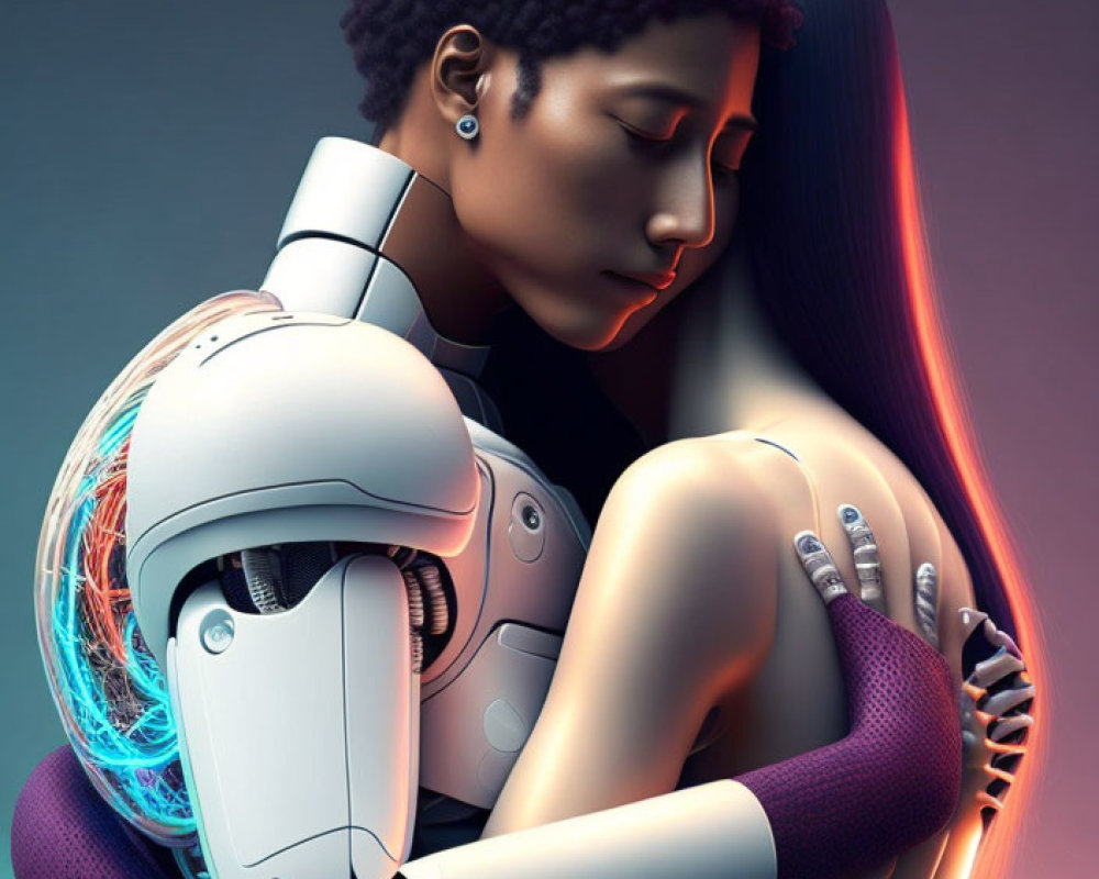 Short-haired woman embraces humanoid robot on gradient background
