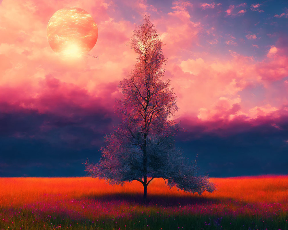 Solitary tree in vibrant field under oversized red moon & surreal sunset sky
