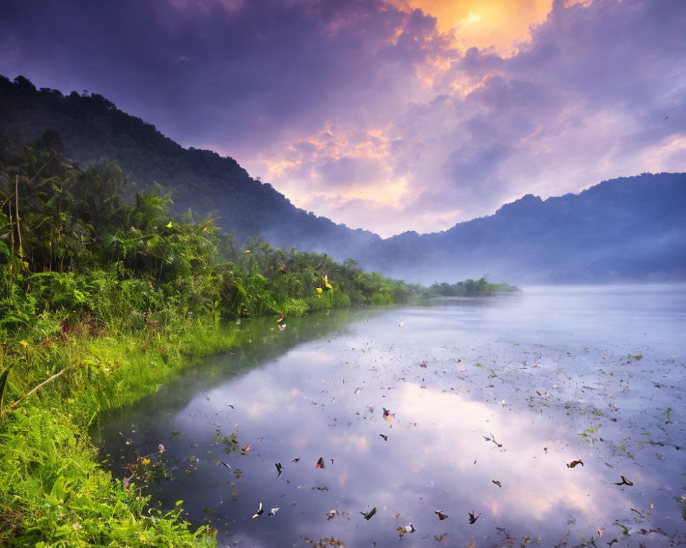 Tranquil lake at sunrise with lush greenery and misty hills