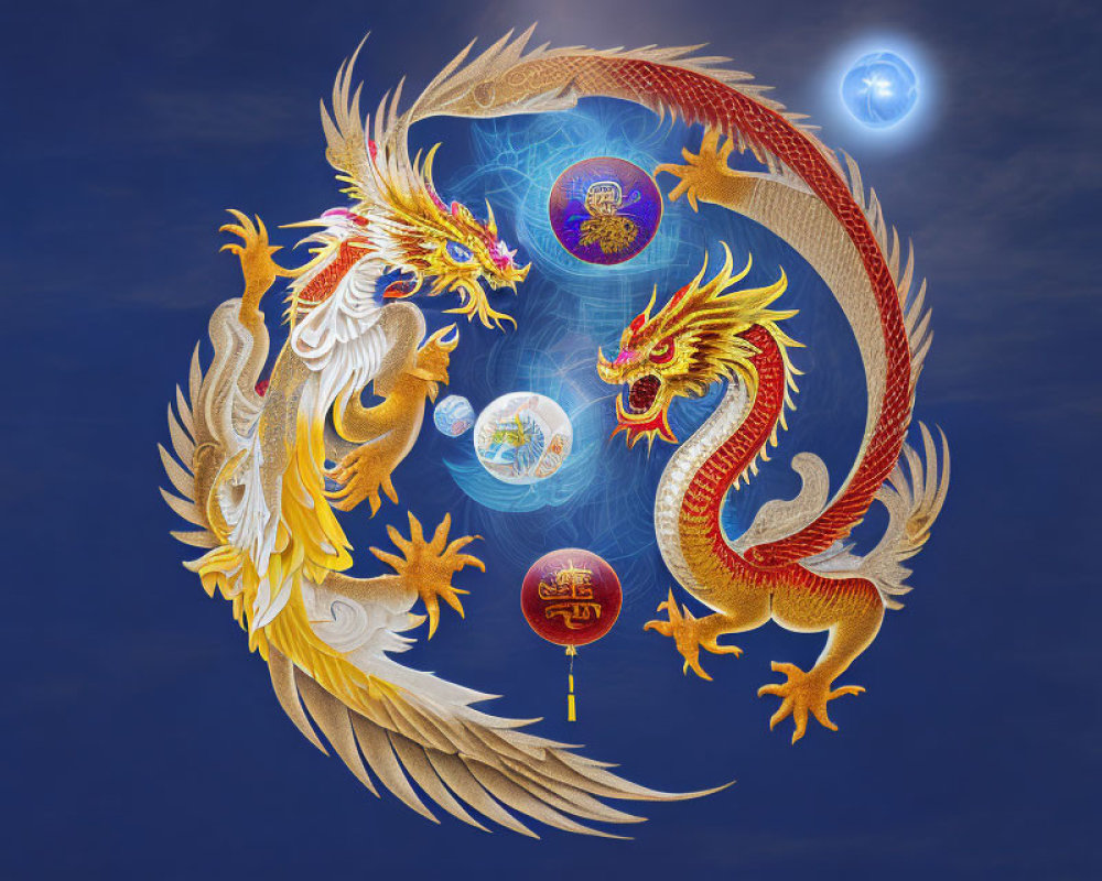 Intricately designed gold and red dragons circling cosmic orb in digital art.