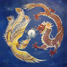 Intricately designed gold and red dragons circling cosmic orb in digital art.