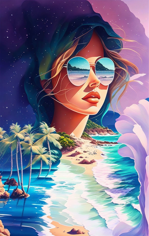 Colorful woman with sunglasses reflecting tropical beach in starry night sky.