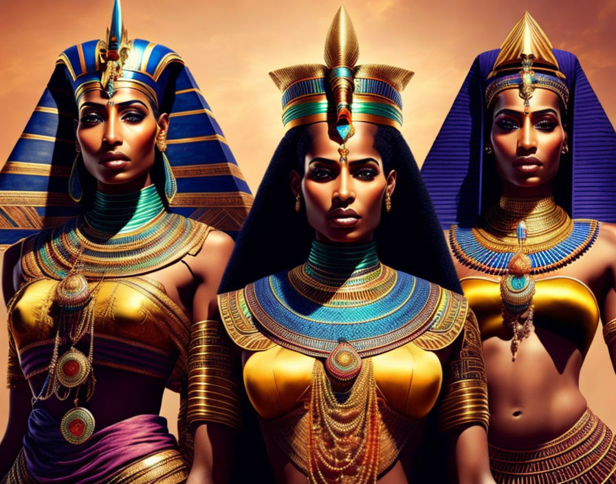 Three women in Egyptian headdresses and jewelry against golden sky.