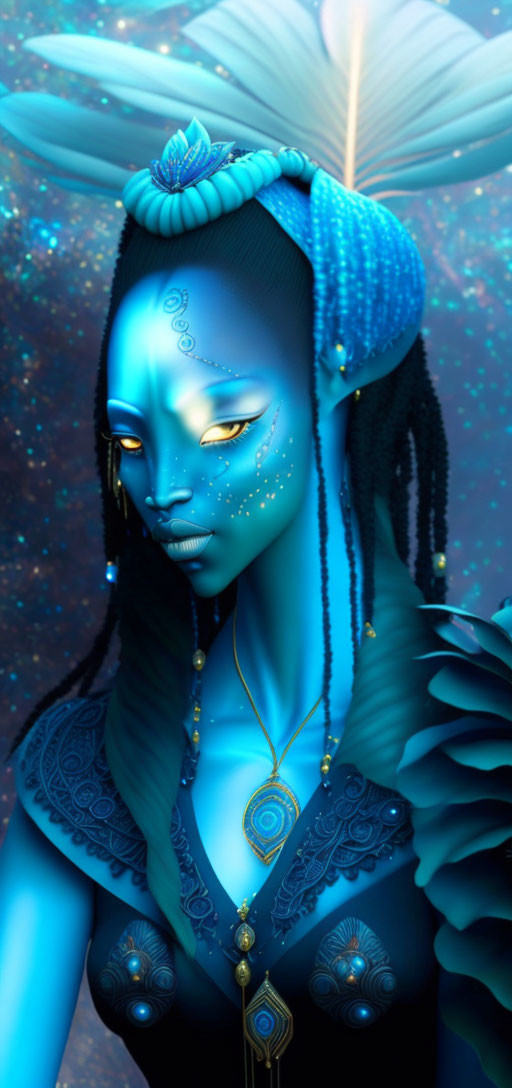 Blue-skinned ethereal female with gold markings on starry background