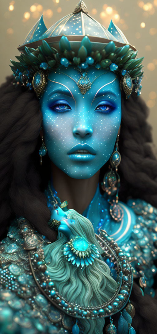 Fantasy Artwork: Woman with Blue Skin and Turquoise Headgear