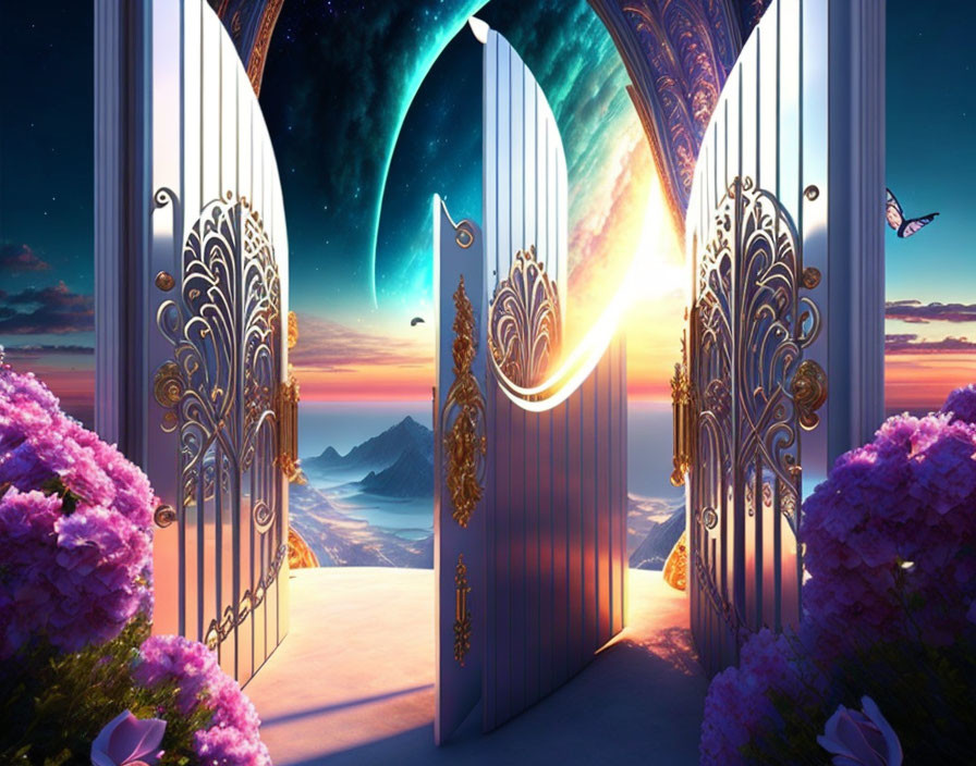 Golden gates frame mountain view at sunset with butterflies under starry sky