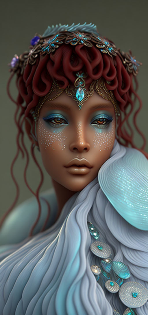 Fantasy portrait of woman with red curly hair and blue skin