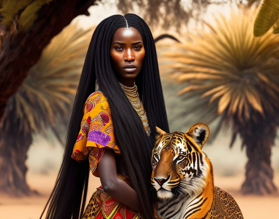 Woman with long braids poses with tiger in vibrant clothes and palm trees