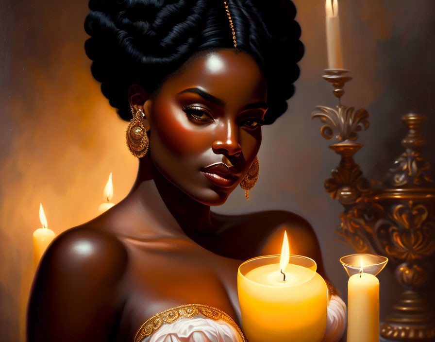 Sophisticated woman with gold earrings in candlelit setting