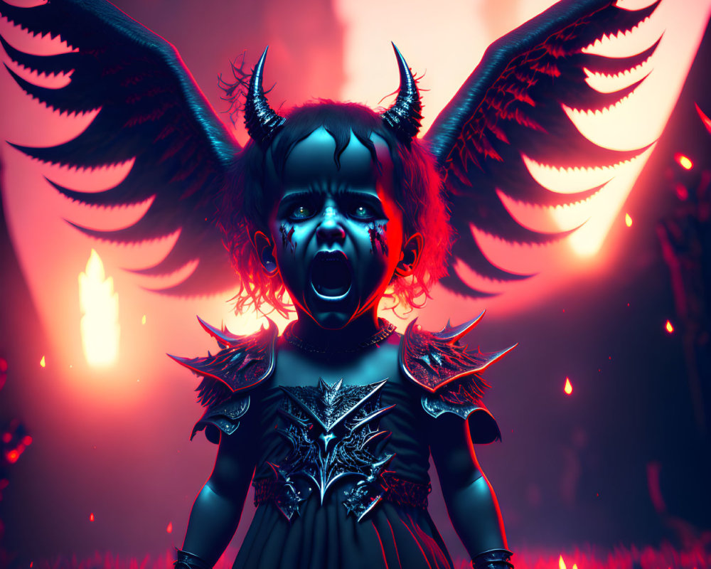 Dark 3D render of demonic baby with wings and armor in eerie environment