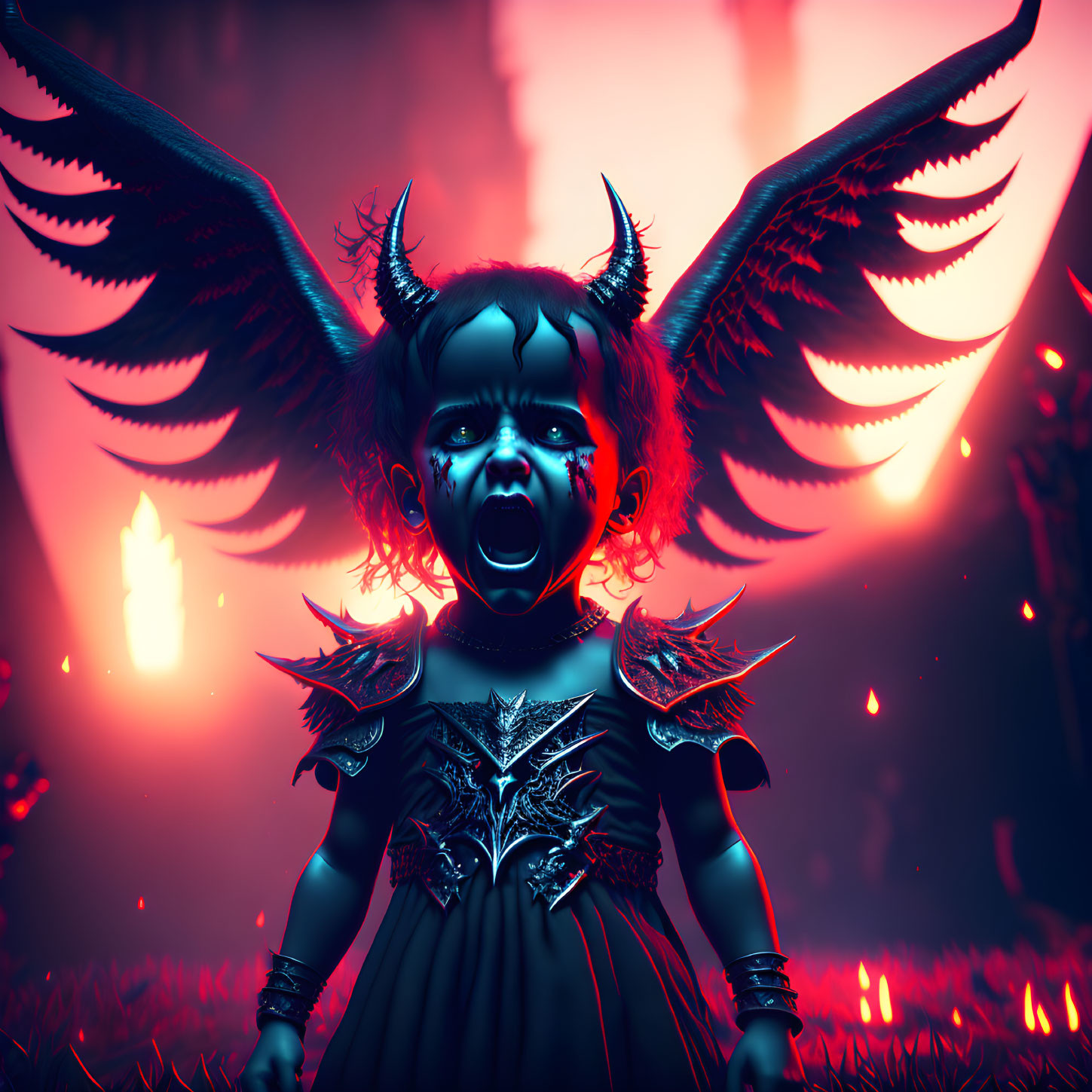 Dark 3D render of demonic baby with wings and armor in eerie environment
