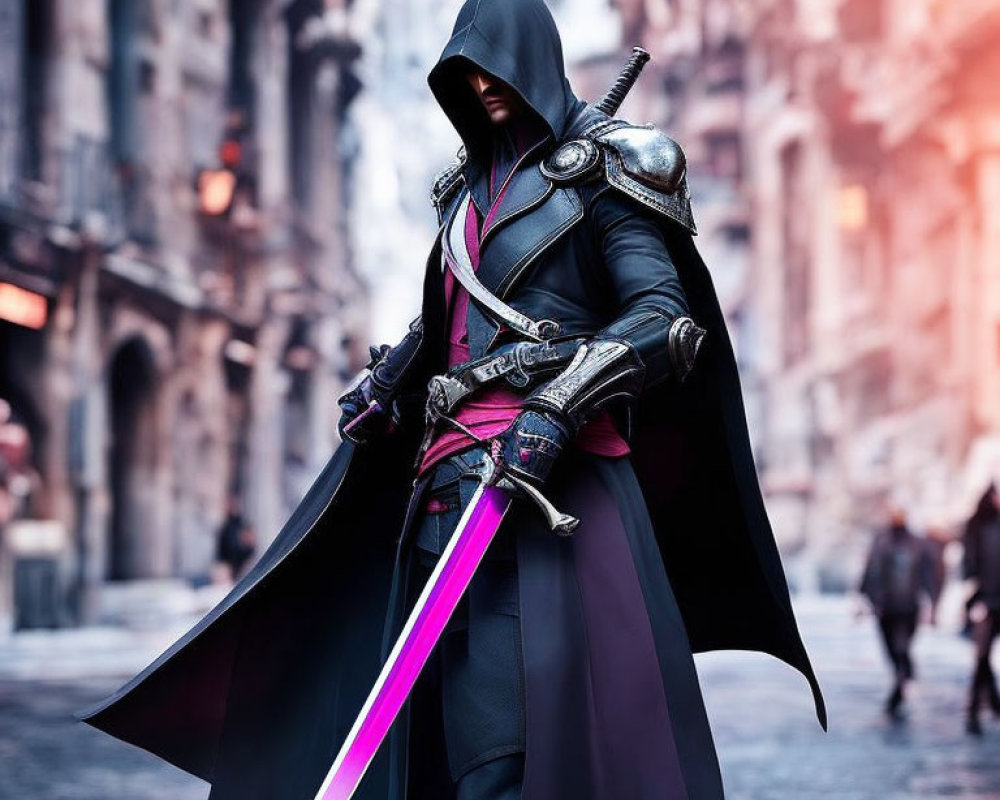 Cloaked figure with neon sword in cobbled alley - futuristic knight in old-world setting