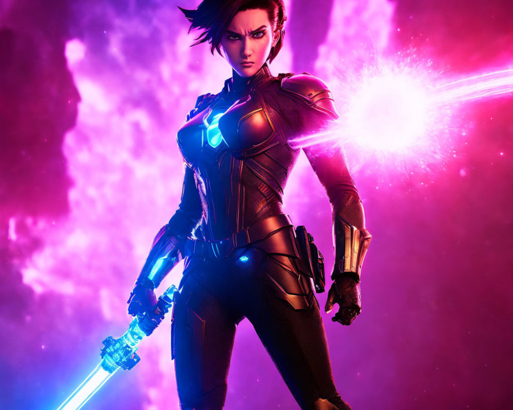Futuristic armored female warrior with glowing sword in energy blast setting