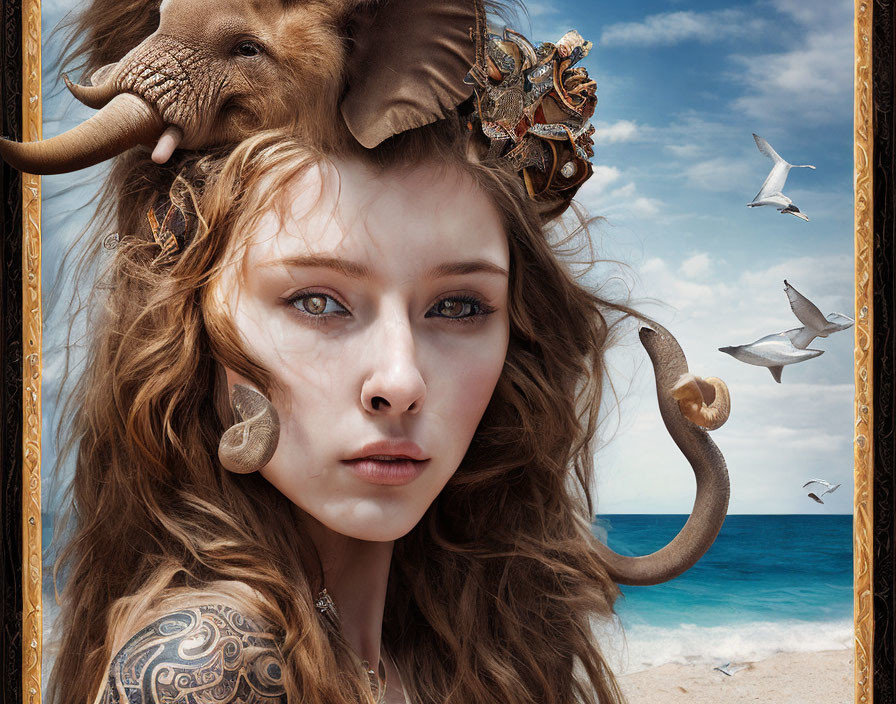 Surreal portrait: Woman with elephant features on beach backdrop