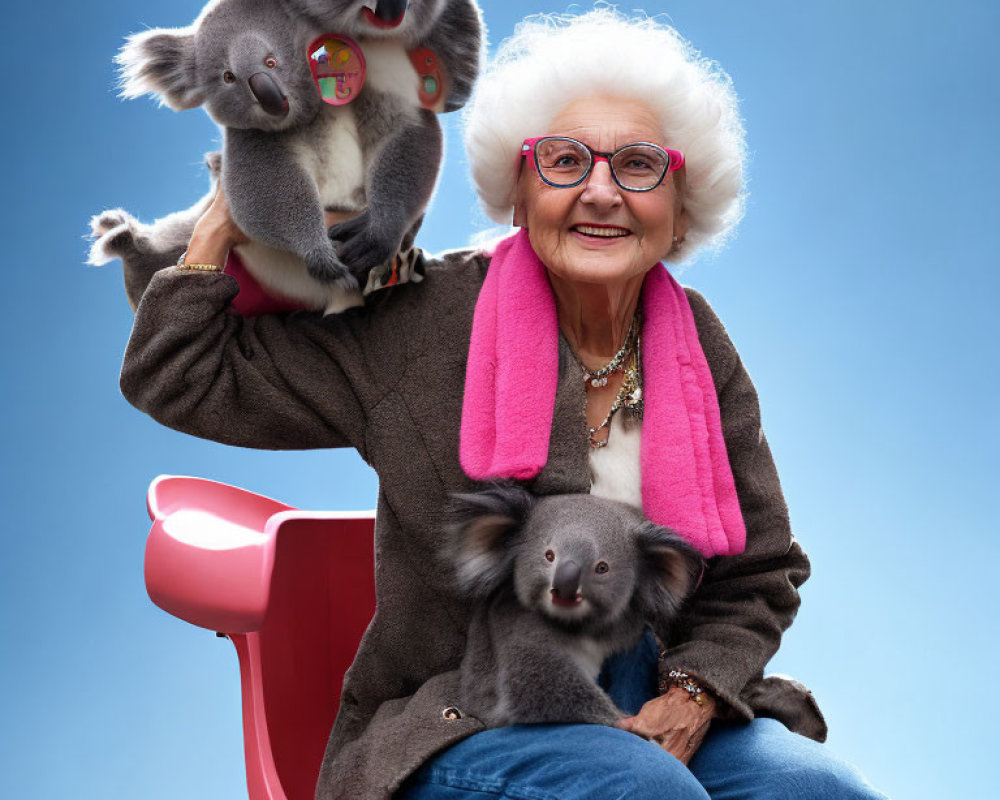 Elderly woman with white hair and glasses seated with two koalas on blue background