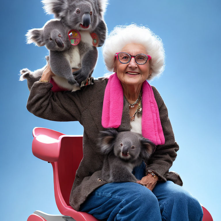 Elderly woman with white hair and glasses seated with two koalas on blue background