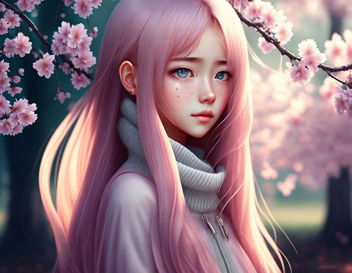 Pink-haired girl in scarf surrounded by cherry blossoms - digital artwork