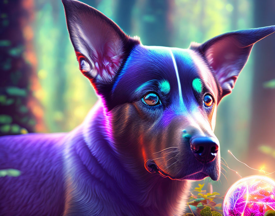 Colorful digital artwork: Dog with blue-purple fur, green eyes, and magical orb in enchanted forest